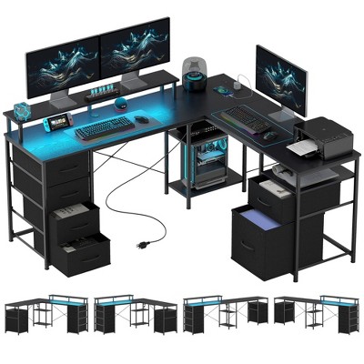 HOMCOM 66" Reversible L Shaped Desk with File Drawer, 105" Two Person Desk with Power Outlet and LED Light, Monitor Shelf and CPU Stand
