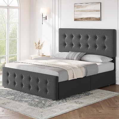 Full Size Bed Frame with 4 Storage Drawers and Headboard, Linen Upholstered Platform Bed Frame with Wooden Slats Support, Button Tufted Design, Grey