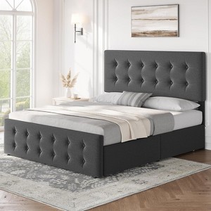 Full Size Bed Frame with 4 Storage Drawers and Headboard, Linen Upholstered Platform Bed Frame with Wooden Slats Support, Button Tufted Design, Grey - 1 of 4