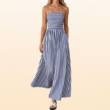 EadianDree Women's Striped Spaghetti Strap Maxi Dress Smocked Back Ruched Bust Square Neck A Line Pockets Casual Summer Sundress,Navy Blue