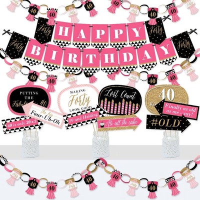Big Dot of Happiness Chic 40th Birthday - Pink, Black and Gold - Banner and Photo Booth Decorations - Birthday Party Supplies Kit - Doterrific Bundle