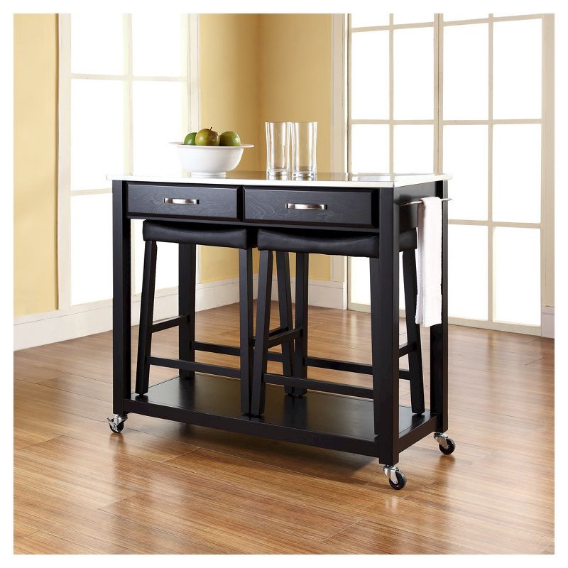 Stainless Steel Top Kitchen Cart/Island - Black with 24&#34; Black Upholstered Saddle Stools - Crosley, 5 of 9