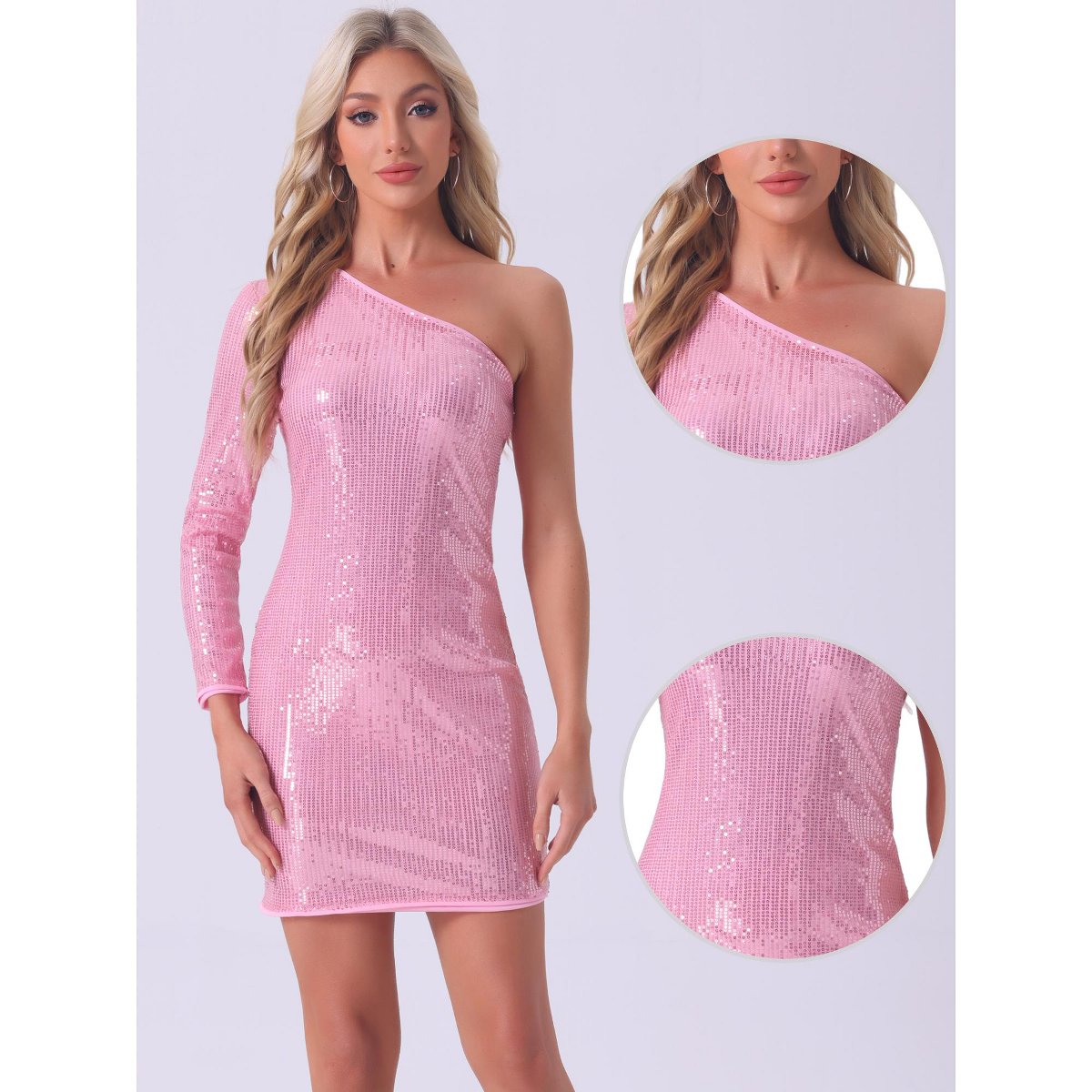 Женские платья INSPIRE CHIC Women's Sequin Sparkly One Shoulder Party Club Cocktail Dress Pink Medium — фото 2