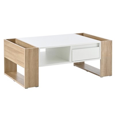 Lirago High Gloss Coffee Table 2 Drawers Two Tone Hidden Storage Rectangle Cocktail Table Open Shelf Living Room Bedroom White 41 3 x 23 6 Inches