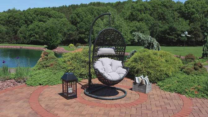 Sunnydaze Outdoor Resin Wicker Patio Cordelia Hanging Basket Egg Chair Swing with Cushion, Headrest, and Steel Stand Set- 3pc, 2 of 16, play video