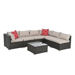 GlasFlength Patio Seating Sets 7 PCS Patio Furniture Set Rattan Sectional Conversation Sofa Coffee Table, Beige, 104.75"*52.25"*25.25" - 1 of 4