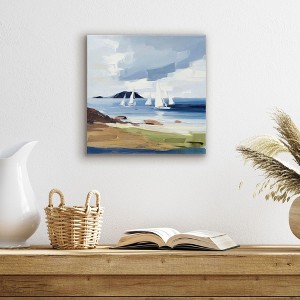 Americanflat Canvas Wall Art Featuring White Sailboats, Blue Ocean, Beige Sand and Cloudy Sky - Gallery Wrap - Seascape Coastal Wall Art - 1 of 4