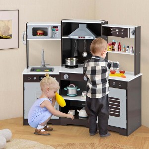 Costway Pretend Play Kitchen for Kids Toddler Aged 3+ Wooden Toy Set with Range Hood white/Brown - 1 of 4