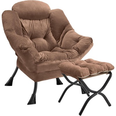 Modern Lounge Chair with Ottoman - Oversized Accent Chair with Folding Footrest - Comfortable Reading Chair for Living Room Bedroom - Beige