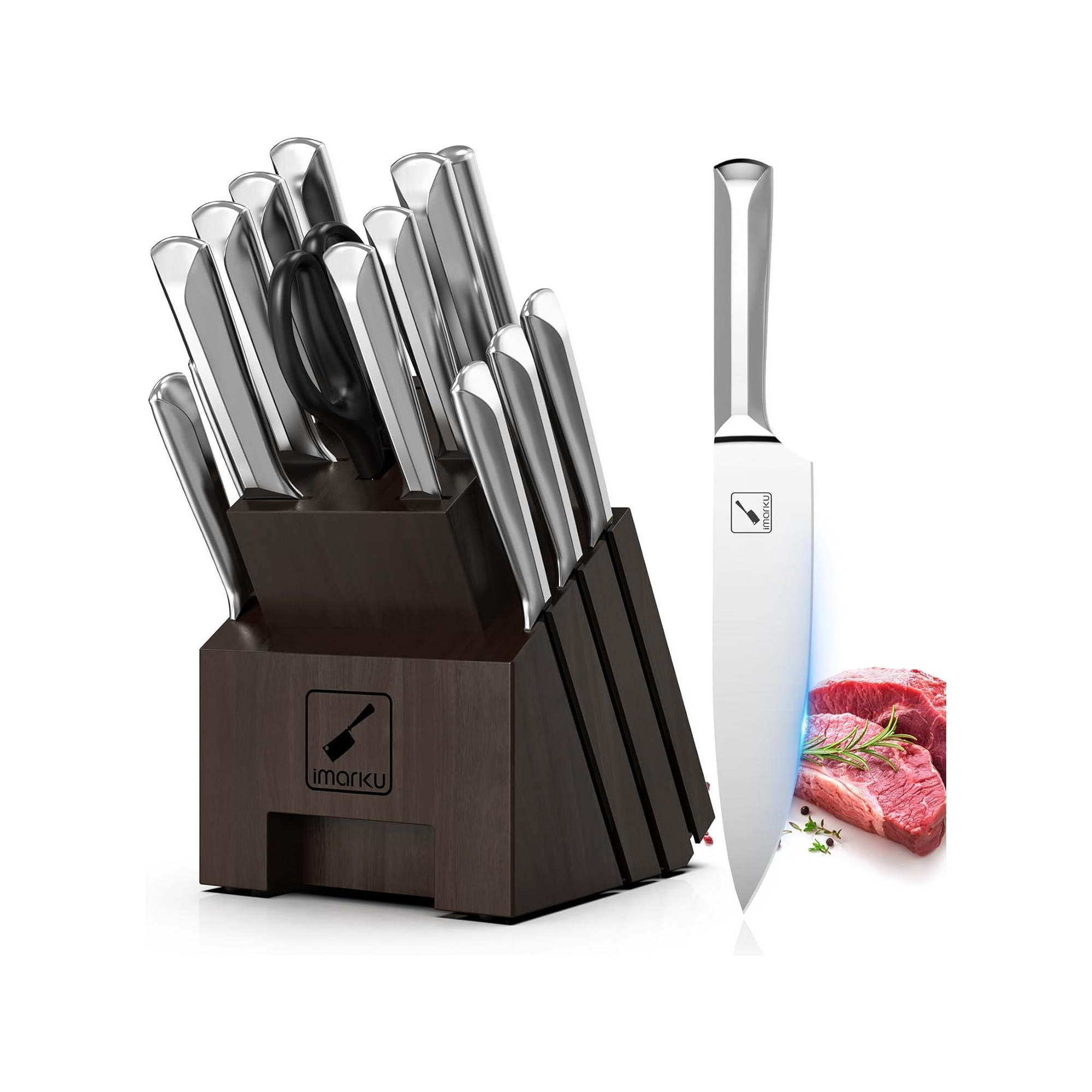 imarku 16 PCS High Carbon Japanese Stainless Steel Knife Sets for Kitchen with Block, Sharpener Chef Knife Set, Dishwasher Safe, Kitchen Essentials