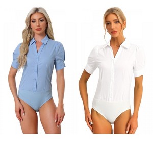 Allegra K Women's Office Button Down One-Piece Short Sleeve Bodysuit Work Shirt 2 Packs - 1 of 4
