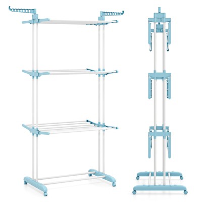 Tangkula 4-Tier Foldable Clothes Drying Rack w/Lockable Wheels & Rust-Proof Metal Frame Large Drying Hanger w/Adjustable Gullwings Movable Laundry
