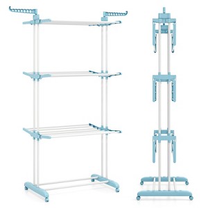 Tangkula 4-Tier Foldable Clothes Drying Rack w/Lockable Wheels & Rust-Proof Metal Frame Large Drying Hanger w/Adjustable Gullwings Movable Laundry - 1 of 4