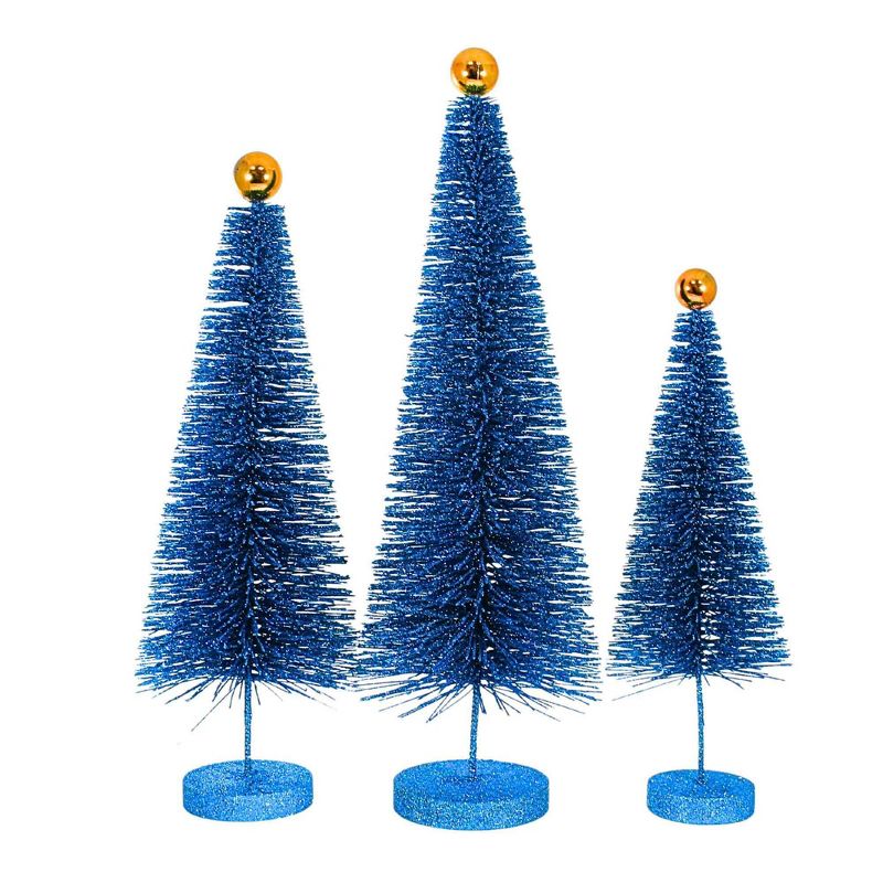 Cody Foster 18.0 Inch Blue Glitter Trees 3 Pc Set Christmas Village Decorate Bottle Brush Trees, 2 of 4