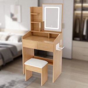 Vanity Table with LED-Illuminated Mirror, Power Outlet, Hairdryer Holder & Stool – Compact Dressing Desk for Small Bedrooms(Wood) - 1 of 4