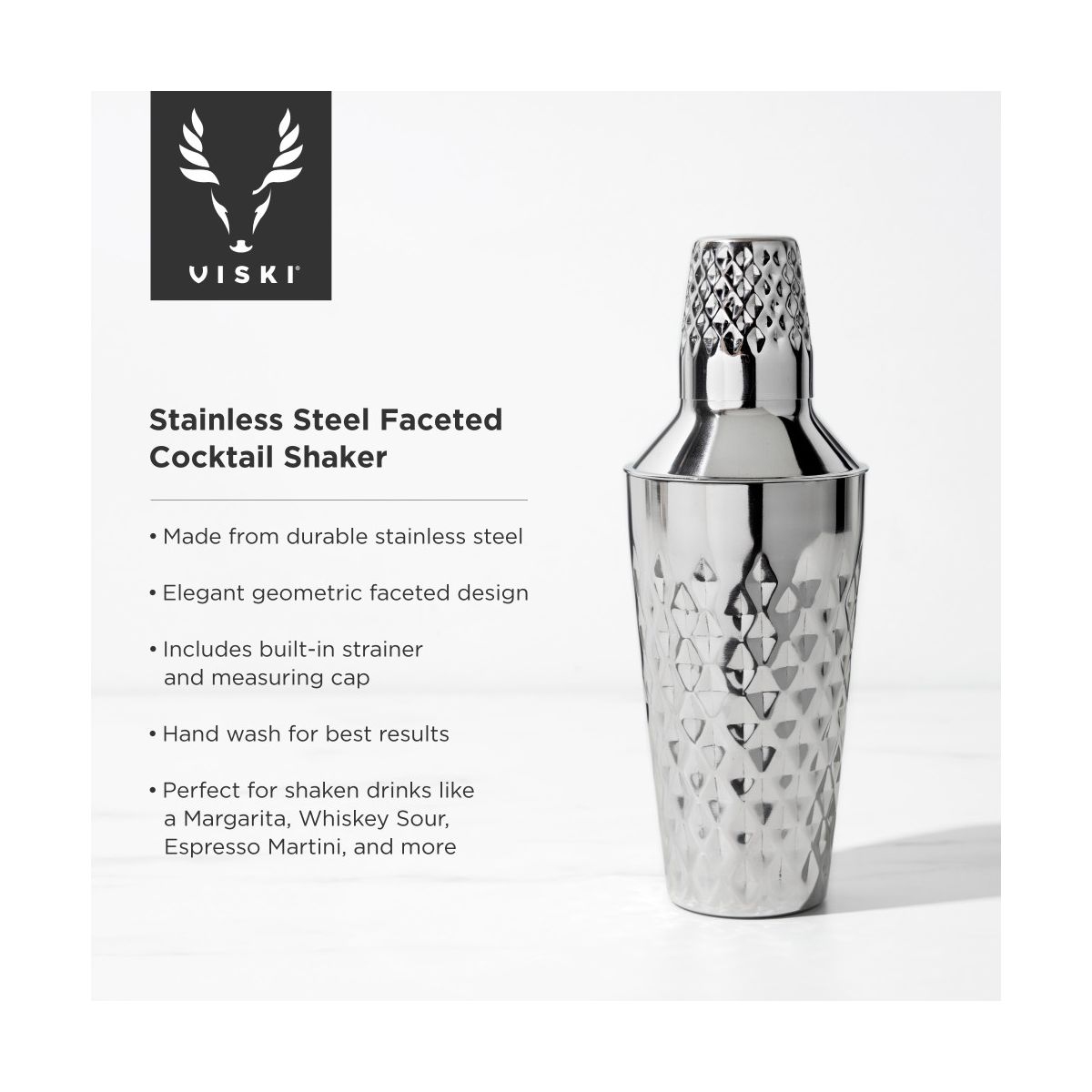 Viski Diamond Cocktail Shaker, Faceted Stainless Steel Drink Shaker for Margarita, Espresso Martini, Home Bar Essentials, Party Hosting Gifts, 25 oz - thumbnail 2