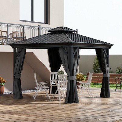 Outsunny 10' x 10' Black Steel Hardtop Gazebo with Netting and Curtains