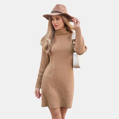 Women's Camel Ribbed Turtleneck Sweater Dress - Cupshe