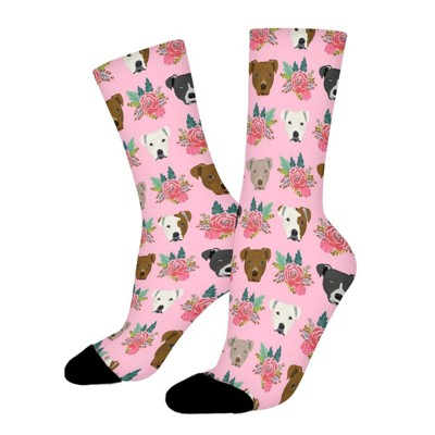 Pitbull Faces Pink Floral Women Printed Crew Socks Funny Funky Socks Soft Polyester Novelty Gifts for Artists Men