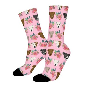 Pitbull Faces Pink Floral Women Printed Crew Socks Funny Funky Socks Soft Polyester Novelty Gifts for Artists Men - 1 of 1