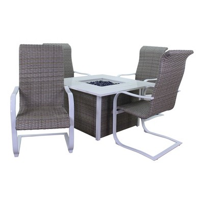 Courtyard Casual Santa Fe 5 pc Square Fire Pit Set with Wicker Spring Chairs  Includes One Square Fire Pit and Four Spring Chairs with Wicker Seats