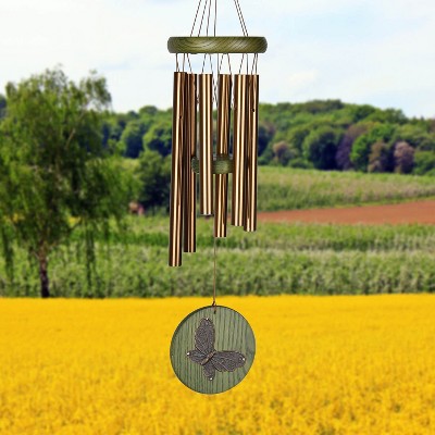 Green and Brass Butterfly Wind Chime with Wooden Accents