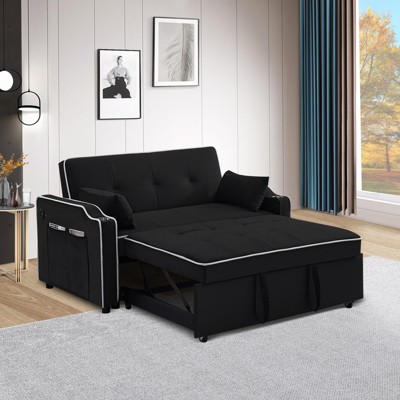 3-in-1 Velvet Sleeper Sofa Bed with USB Port, Cupholders & Storage, Includes 2 Pillows, for Living Room