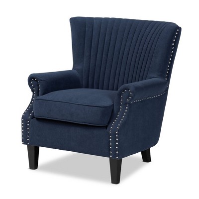 Wilhelm Velvet Wood Armchair Blue/Dark Brown - Baxton Studio