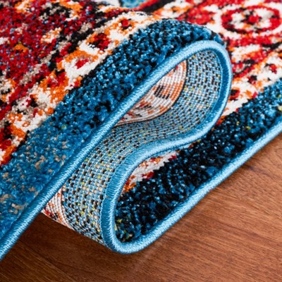 Vintage Red and Blue Synthetic Persian Runner Rug