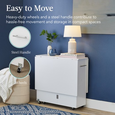 White Multipurpose Folding Table with Wheels and Storage Shelves