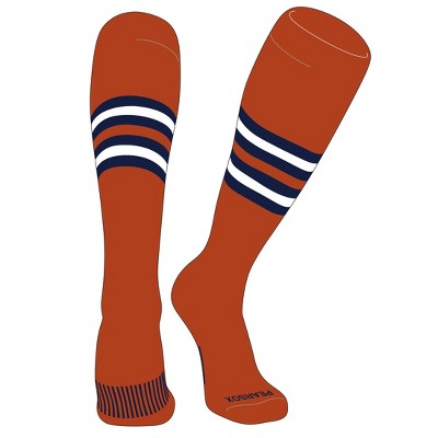 PEAR SOX Striped OTC Baseball, Softball, Football Socks (F) Texas Orange, Navy, White