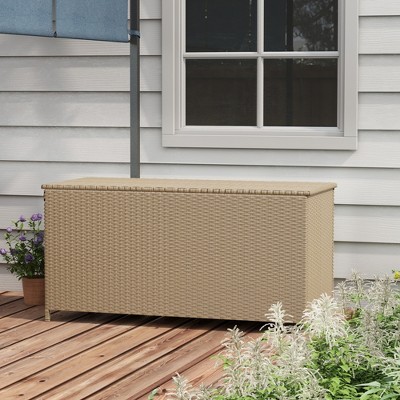 Large Brown Wicker Plastic Deck Box with Wheels