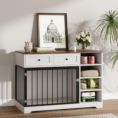 Garvee Large Dog Crate Furniture,47¡± Dog Crate with 2 Drawers and 4 Shelves,Heavy Duty Wooden Dog Crate,Decorative Dog Indoor Kennel Furniture,White