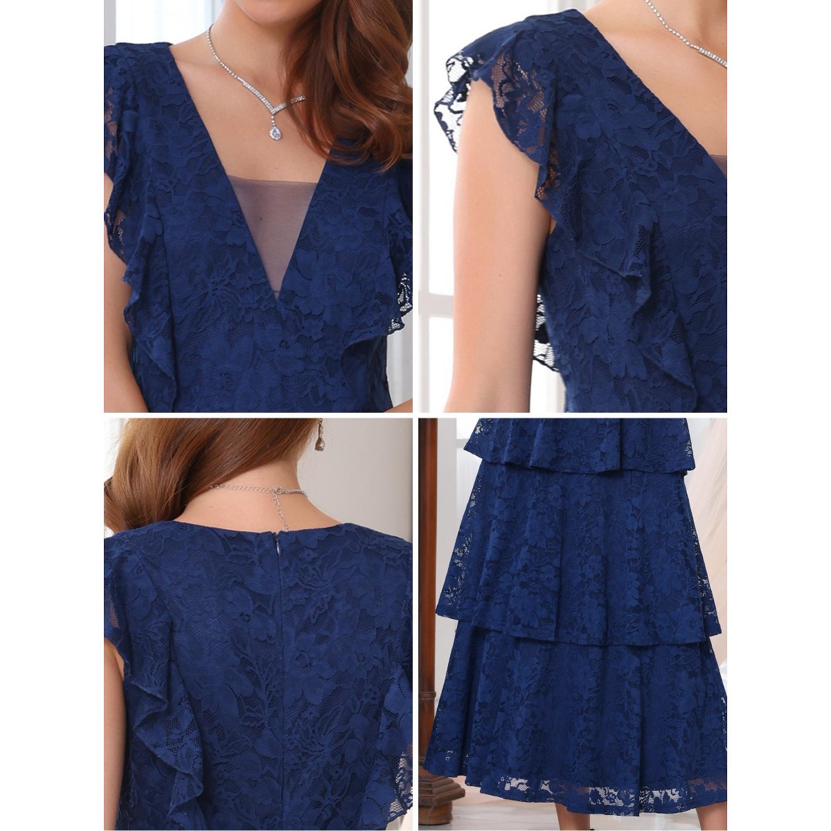 Женские платья INSPIRE CHIC Women's Lace Cocktail Evening Ruffle Cap Sleeves Tiered A-Line Maxi Dresses Medium Blue — фото 5