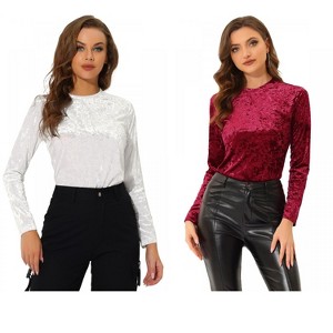 INSPIRE CHIC Women's Casual Vintage Velvet Crew Neck Long Sleeve T-shirts 2 Packs - 1 of 4