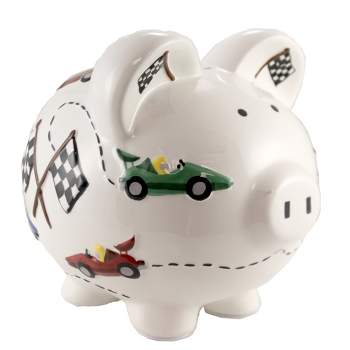 Child To Cherish Vroom Race Car Piggy Bank  -  One Piggy Bank 7.75 Inches -  Speedway Checkered Flag  -  36912.  -  Ceramic  -  Multicolored