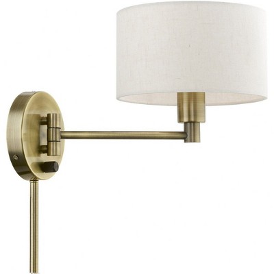 Antique Brass Swing Arm Wall Lamp with Oatmeal Fabric Shade