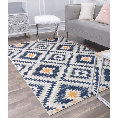 Soleil Diamond Print Stain-Resistant Area Rug, 2'x4', Blue and Yellow
