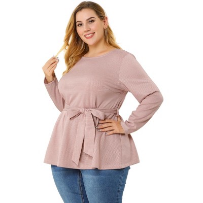 Agnes Orinda Women's Plus Size V Neck Long Sleeve Twist Knot Top Hot Pink  2X