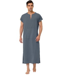 Lars Amadeus Men's Short Sleeves Cotton V-Neck Side Split Long Nightshirt - 1 of 4