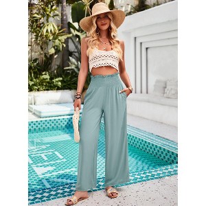 Women Pull On Pants Elastic Waisted Casual Wide Leg Long Lounge Trousers with Pocket Bean green,M - 1 of 4