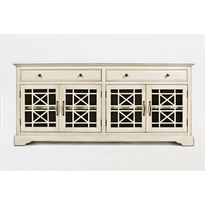 Craftsmen Series Wooden TV Stand for TVs up to 70" with Fretwork Designed Doors Cream - Benzara