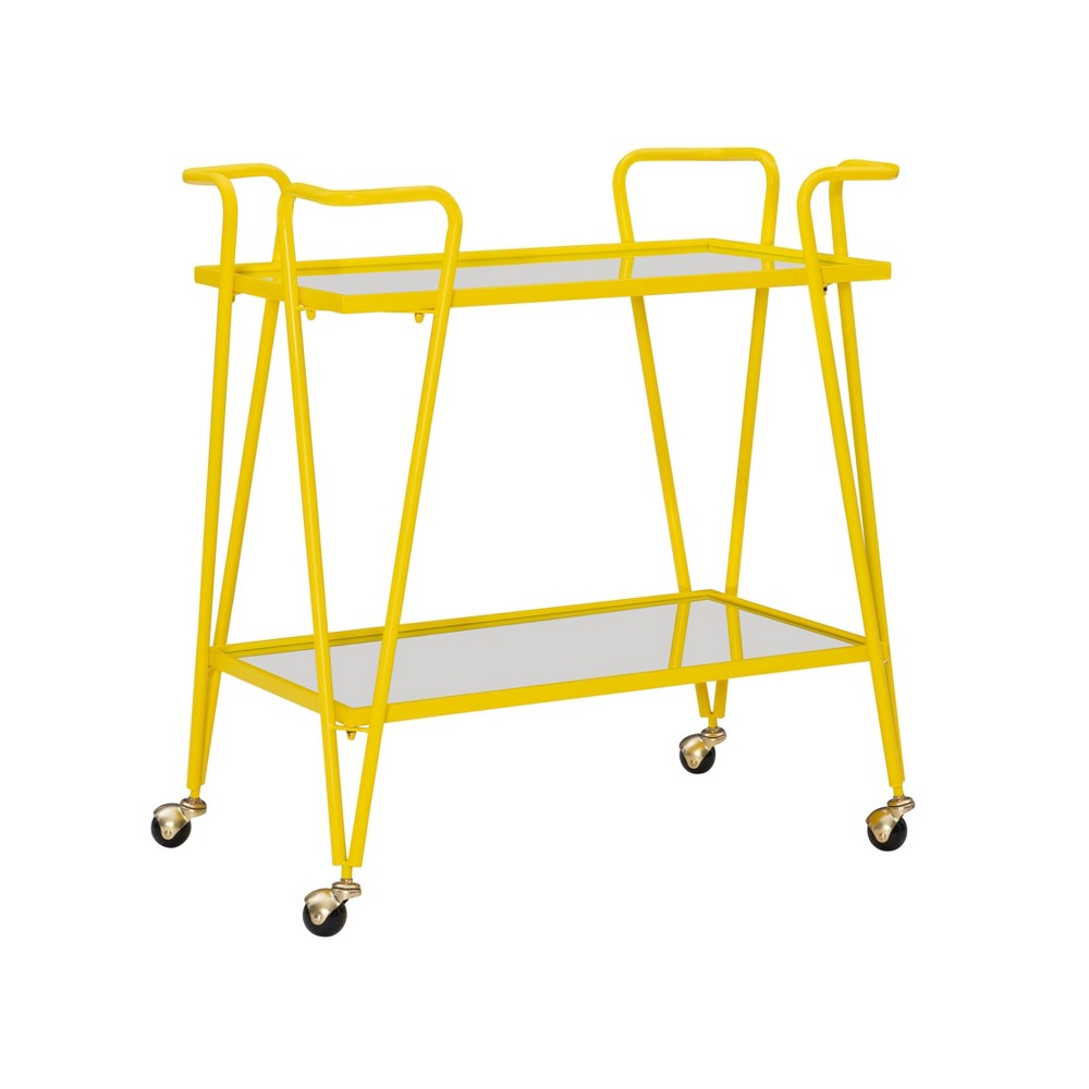 Photos - Kitchen System Linon Mid-Century Modern Iron Frame 2 Mirrored Glass Shelves Locking Wheels Bar Cart Yellow - : Multi-Use, Powder-Coated, Ste 