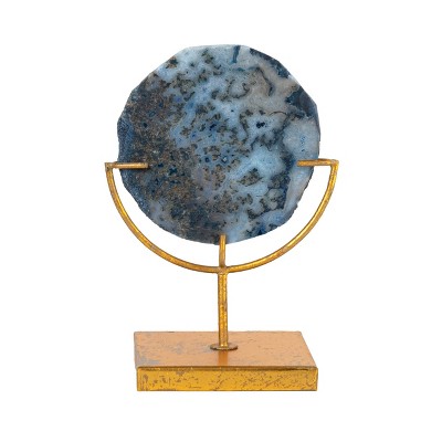 Blue Agate Stone Slice on Gold Metal Stand