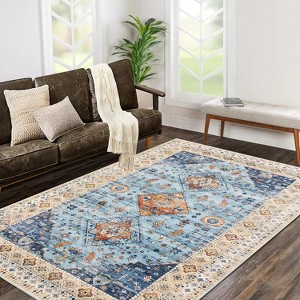 Vintage Oriental Washable Area Rug, Stain-Resistant Low Pile, Non-Slip Distressed Carpet for Living Room, Bedroom, Office - 1 of 4