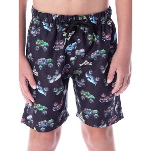 Monster Jam Boys' Dragon Zombie Grave Digger Megalodon Allover Swim Trunks Black - 1 of 4