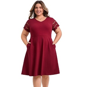 GRACE & GRANDEUR Women's Plus Size Summer Comfty Knit V-Neck Elastic Waist A-Line Hollow Out Short Sleeve Dresses with Pockets - 1 of 4