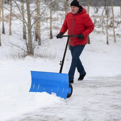 Snow Plow Shovel with Wheels, Heavy Duty Metal Snow Pusher with Adjustable Handle and Angled Blade for Driveway, Doorway, Sidewalk, Pavement