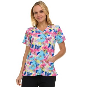 Medichic Scrubs Printed V-Neck Scrub Top - Four Pocket Fashion Scrub Top for Women, Butterfly Rush, Small - 1 of 4