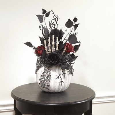 Lakeside Gothic Style Tabletop Pumpkin with Faux Floral Plants and Skeleton Hand